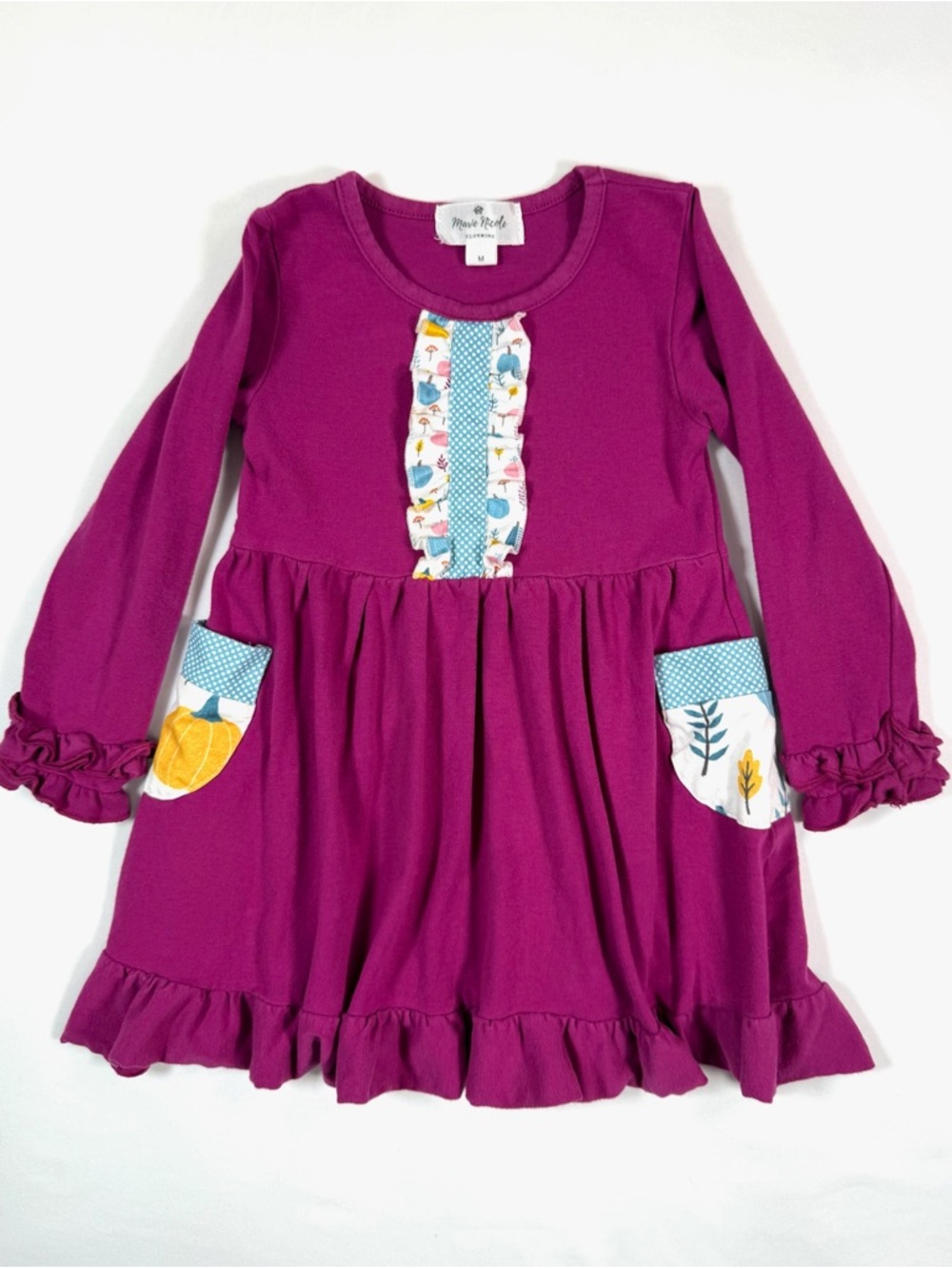 MARIE NICOLE Girls Pumpkin Pocket Dress Size M Pink Long Sleeve Ruffle Hem Fall